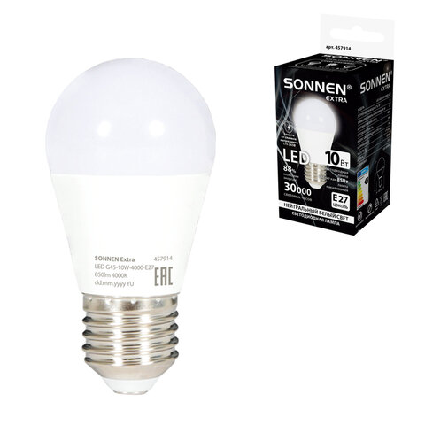 Лампа светодиодная SONNEN EXTRA, 10 (85) Вт, E27, шар, нейтральный белый, 30000 ч, LED G45-10W-4000-Е27, 457914 - фото 1