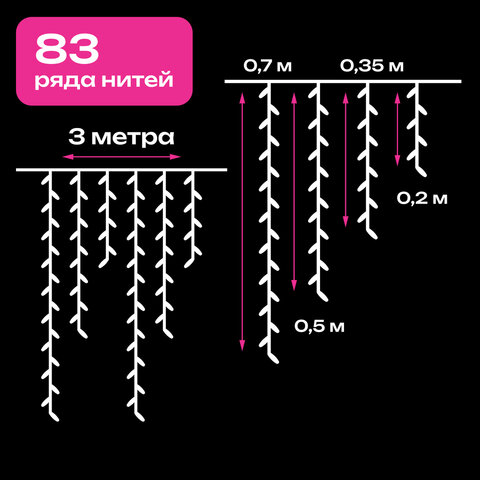 Электрогирлянда-бахрома уличная 25х0,7 м, 400 LED, холодный белый, 220 V, контроллер, ЗОЛОТАЯ СКАЗКА, 592552 - фото 11
