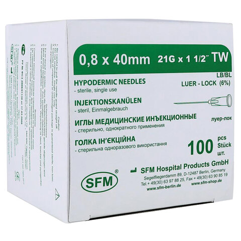 Иглы инъекционные одноразовые SFM 0,80 х 40 - 21G, КОМПЛЕКТ 100 шт. - фото 3