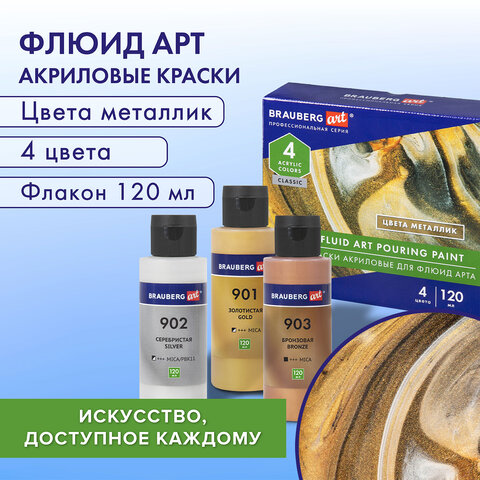 Краски акриловые для техники "Флюид Арт" (POURING PAINT), 4 цвета по 120 мл, Цвета металлик, BRAUBERG ART, 192239 - фото 8