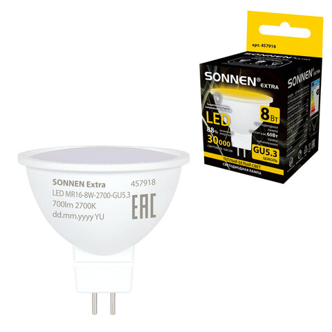 Лампа светодиодная SONNEN EXTRA, 8 (70) Вт, GU5.3, софит, теплый белый, 30000 ч, LED MR16-GU5.3-8W-2700, 457918 - фото 1
