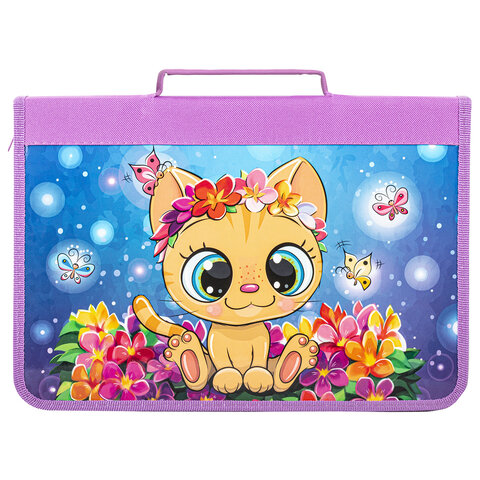Папка для труда на молнии BRAUBERG А4 с ручкой, 1 отделение, картон, органайзер, "Charming kitten", 270991 - фото 1