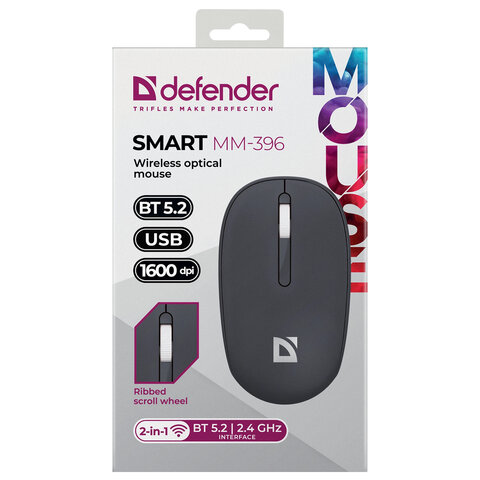 Мышь беспроводная DEFENDER Smart MM-396, 1600 dpi, 2 кнопки + 1 колесо-кнопка, оптическая, черная, 52396 - фото 6