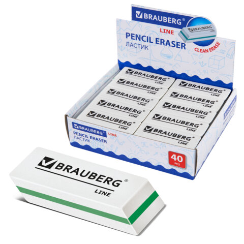 Ластик BRAUBERG "Line", 57х18х8 мм, белый, прямоугольный, скошенные края, 221036 - фото 1