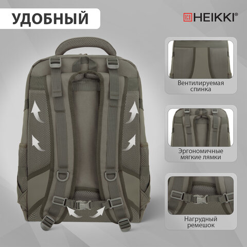 Рюкзак HEIKKI DESERTED (ХЕЙКИ) универсальный, 3 отделения, эргономичный, багажная лента, хаки, 47х33х17 см, 273877 - фото 16
