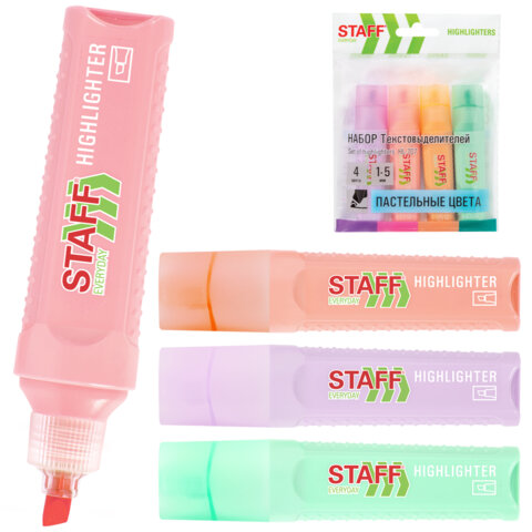 Набор текстовыделителей 4 ПАСТЕЛЬНЫХ ЦВЕТА, STAFF "EVERYDAY HL-707", линия 1-5 мм, скошенный наконечник, 152549 - фото 1