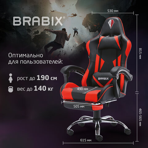 Кресло компьютерное BRABIX "Dexter GM-135", подножка, две подушки, экокожа, черное/красное, 532799 - фото 23