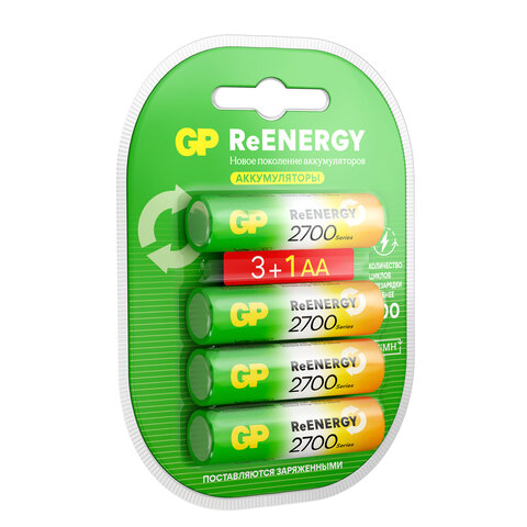 Батарейки аккумуляторные GP ReEnergy Ni-Mh КОМПЛЕКТ 4 шт. (ПРОМО 3+1), АА (HR6), 2600 mAh, 270AAHC3/1RGY, 270AAHC3/1RGY-2 - фото 2
