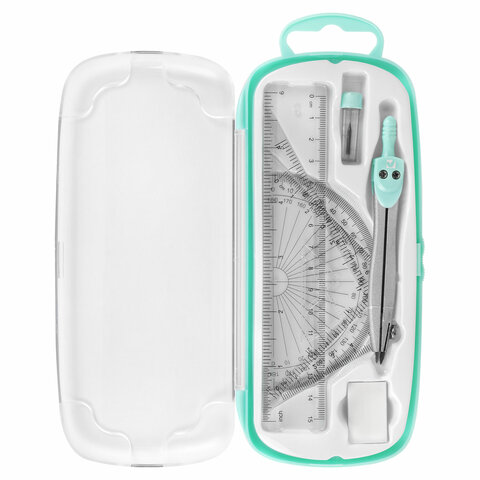 Готовальня BRAUBERG SCHOOL KIT, 8 предметов, циркуль 115 мм, чертежные принадлежности, мятный цвет, 210705 - фото 4