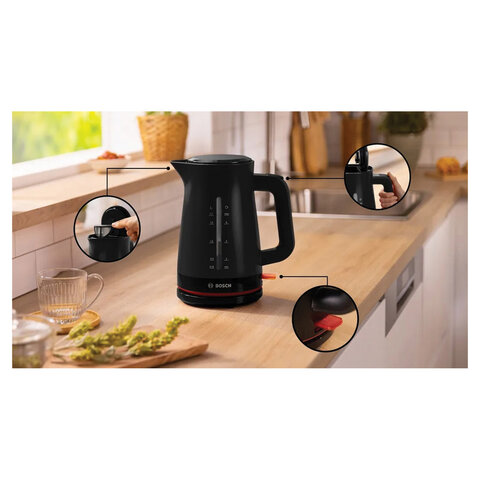 Чайник BOSCH TWK3M123, 1,7 л, 2400 Вт, закрытый нагревательный элемент, пластик, черный - фото 2
