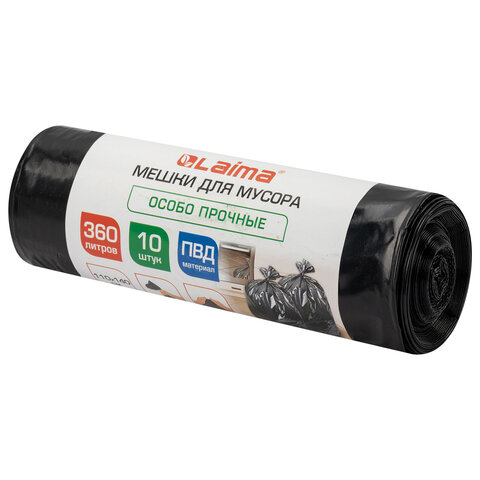 Мешки для мусора 360 л, черные в рулоне, 10 штук, особо прочные, ПВД 60 мкм, 110x140 см, LAIMA, 702687 - фото 1