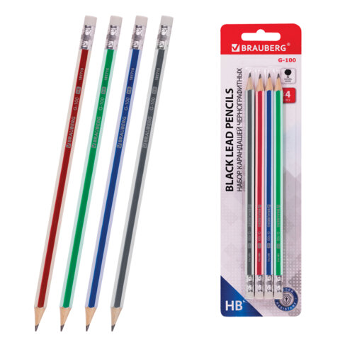 Набор карандашей чернографитных BRAUBERG "G-100" 4 шт., HB, с ластиком, корпус ассорти, 181715 - фото 1