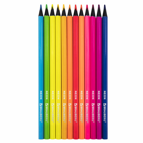 Карандаши цветные BRAUBERG NEON, 12 неоновых цветов, трехгранные, грифель 3 мм, черное дерево, 181852 - фото 2