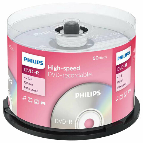Диски DVD-R PHILIPS, 4,7 Гб, 16x, Cake Box (упаковка на шпиле), КОМПЛЕКТ 50 шт., DM4S6B50F/97 - фото 1