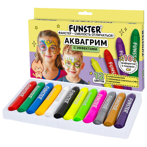 Аквагрим для лица и тела, 12 цветов (6 классических + 3 неоновых + 3 металлик), 10 трафаретов, FUNSTER (ФАНСТЕР), 192575 - фото 1