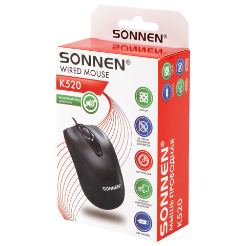 Мышь проводная БЕСШУМНАЯ USB, 1200 dpi, 2 кнопки + колесо-кнопка, оптическая, SONNEN K520, черная, 513944 - фото 8