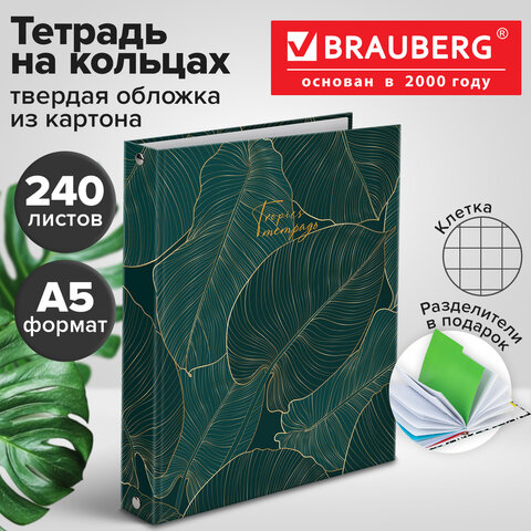 Тетрадь на кольцах А5 (175х215 мм), 240 листов, твердый картон, клетка, с разделителями, BRAUBERG, Листья, 404099 - фото 8