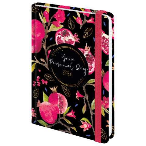 Ежедневник датированный 2026 с резинкой 145х203 мм, А5, BRAUBERG, твердый, фольга, "Гранаты", 117333 - фото 1