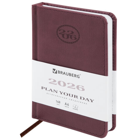 Ежедневник датированный 2026, МАЛЫЙ ФОРМАТ 100х150 мм, А6, BRAUBERG "Favorite", под кожу, коричневый, 117249 - фото 1