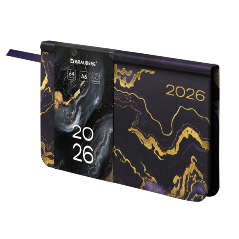 Еженедельник датированный 2026 МАЛЫЙ ФОРМАТ 95х155 мм, А6, BRAUBERG "Vista", под кожу "Black marble", 117203 - фото 1