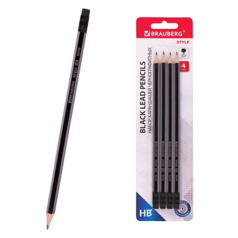 Набор карандашей чернографитных BRAUBERG "Style" 4 шт., HB, с ластиком, корпус черно-серый, 181718 - фото 1