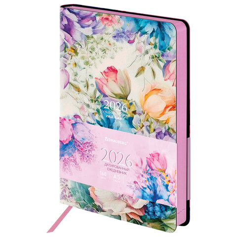Ежедневник датированный 2026 А5 138x213 мм, BRAUBERG "Vista", под кожу, гибкий, "Цветы", 117447 - фото 1
