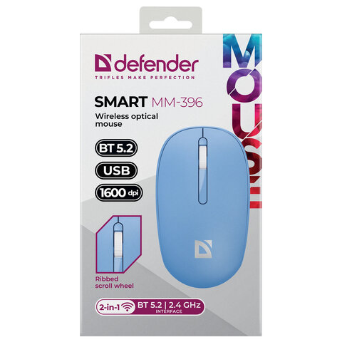 Мышь беспроводная DEFENDER Smart MM-396, 1600 dpi, 2 кнопки + 1 колесо-кнопка, оптическая, синяя, 52397 - фото 6