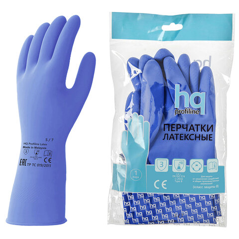 Перчатки латексные КЩС, сверхпрочные, плотные, хлопковое напыление, размер 7, S (малый), синие, HQ Profiline, 74733 - фото 1