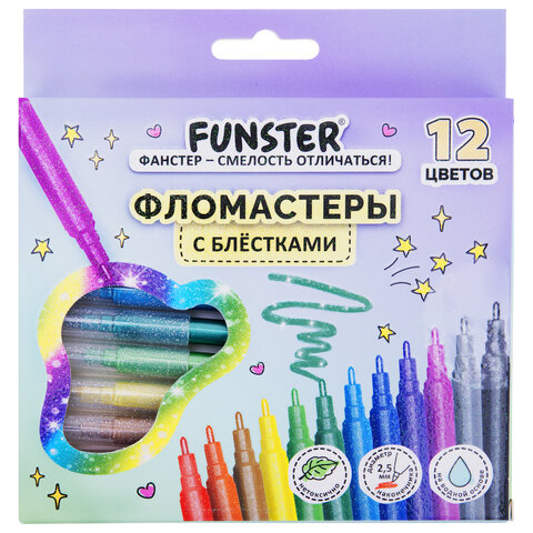 Фломастеры с блестками FUNSTER (ФАНСТЕР) "GLITTER" 12 цветов, ударопрочный наконечник, 152629 - фото 1