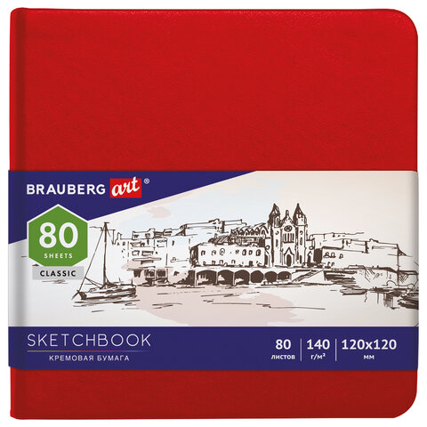 Скетчбук, слоновая кость 140 г/м2 120х120 мм, 80 л., КОЖЗАМ, резинка, BRAUBERG ART CLASSIC, красный, 113190 - фото 1