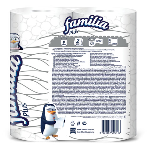 Бумага туалетная бытовая, спайка 4 шт., 2-слойная (4х20,4 м), FAMILIA PLUS, белая, 5080758 - фото 2
