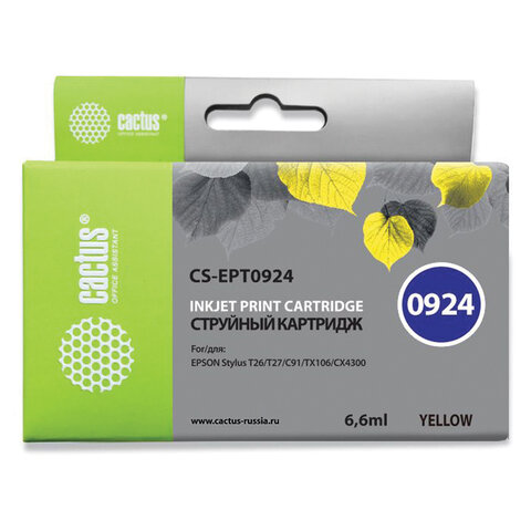 Картридж струйный CACTUS (CS-EPT0924) для EPSON Stylus C91/CX4300/T26/T27/TX106, желтый - фото 1