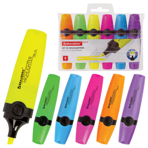 Набор текстовыделителей BRAUBERG 6 шт., АССОРТИ, "DELTA", линия 1-5 мм, 151728 - фото 1