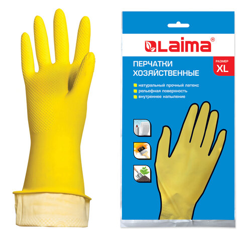 Перчатки МНОГОРАЗОВЫЕ латексные LAIMA "СТАНДАРТ", х/б напыление, ПЛОТНЫЕ, размер 9-10, XL (очень большой), желтые, вес 48 г, 600782 - фото 1