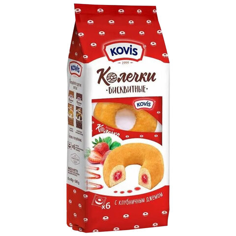 Пирожное бисквитное KOVIS "Колечки с клубничным джемом", 240 г, пакет, 7439 - фото 1