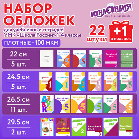 Обложки ПЭ для тетрадей и учебников, НАБОР "22 шт. + 1 шт. в ПОДАРОК", ПЛОТНЫЕ, 100 мкм, универсальные, прозрачные, ЮНЛАНДИЯ, 272704 - фото 7