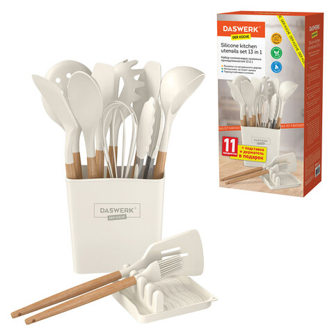 Набор силиконовых кухонных принадлежностей с деревянными ручками 13 в 1, молочный, DASWERK (ДАСВЕРК), 608196 - фото 1