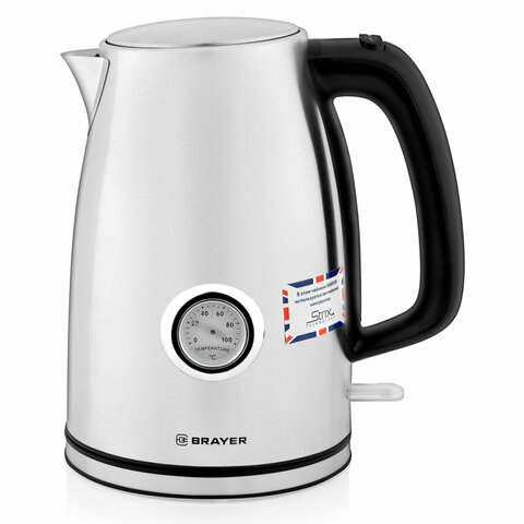 Чайник с термометром BRAYER BR1022, 1,8 л, 2200 Вт, закрытый нагревательный элемент, сталь - фото 1