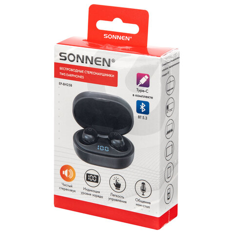 Наушники беспроводные TWS внутриканальные с микрофоном, SONNEN EP-BH25B, Bluetooth 5.3, черные, 514125 - фото 18