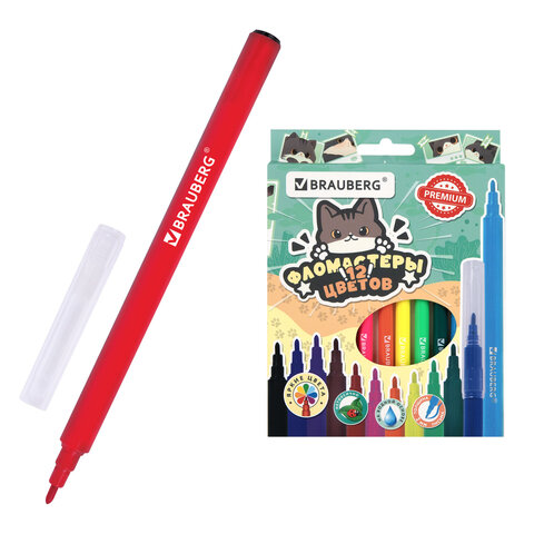 Фломастеры кросс-серия МИЛЫЕ КОТЫ, 12 цветов, вентилируемый колпачок, картонная коробка с европодвесом, BRAUBERG, 152620 - фото 1