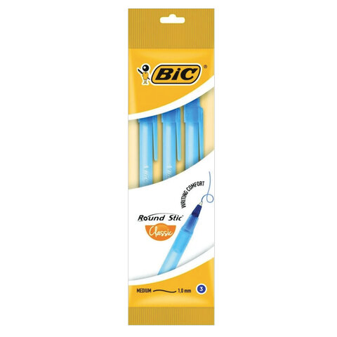 Ручки шариковые BIC "Round Stic", НАБОР 3 шт., СИНИЕ, узел 1 мм, линия письма 0,32 мм, пакет, 9021522 - фото 1