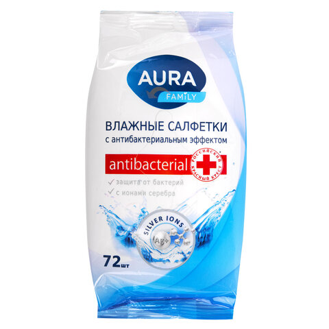 Салфетки влажные, 72 шт., AURA "Family", антибактериальные, для всей семьи, 26065, 7044 - фото 1