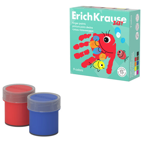 Гуашь пальчиковая ERICH KRAUSE "Baby" с алоэ вера, 9 цветов по 20 мл, картонная упаковка, 61400 - фото 1