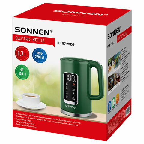 Чайник с терморегулятором и дисплеем, ДВОЙНЫЕ СТЕНКИ, SONNEN KT-8723EG, 1,7 л, 2200 Вт, изумрудный, 454689 - фото 2