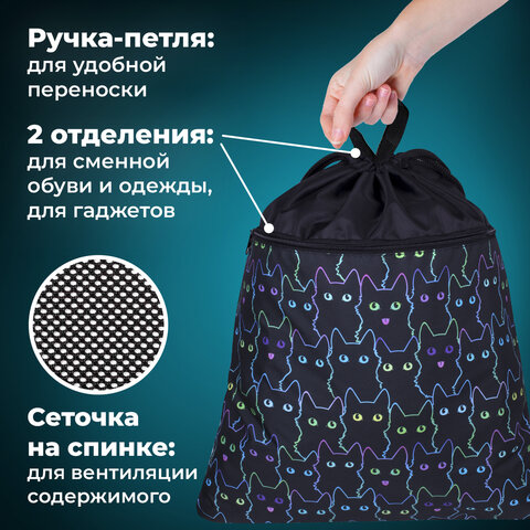 Мешок для обуви BRAUBERG БОЛЬШОЙ, с ручкой, карман на молнии, сетка, 49х41 см, "Cats", 271059 - фото 9