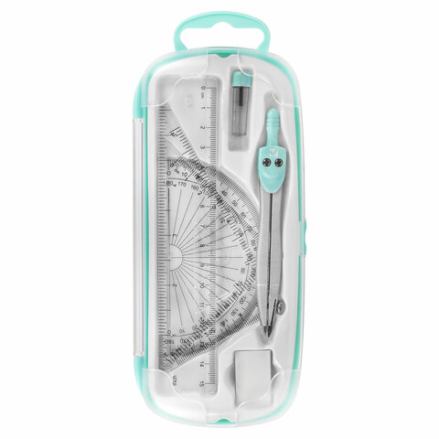 Готовальня BRAUBERG SCHOOL KIT, 8 предметов, циркуль 115 мм, чертежные принадлежности, мятный цвет, 210705 - фото 3