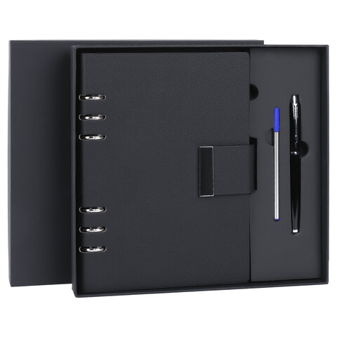 Ежедневник на кольцах в наборе с ручкой А5, 165x229 мм, BRAUBERG "Lux", под кожу, 100 листов, черный, 116856 - фото 1