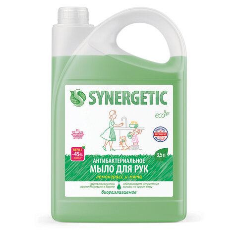 Мыло жидкое антибактериальное 3,5 л SYNERGETIC "Лемонграсс и мята", антизапах, 105201 - фото 1