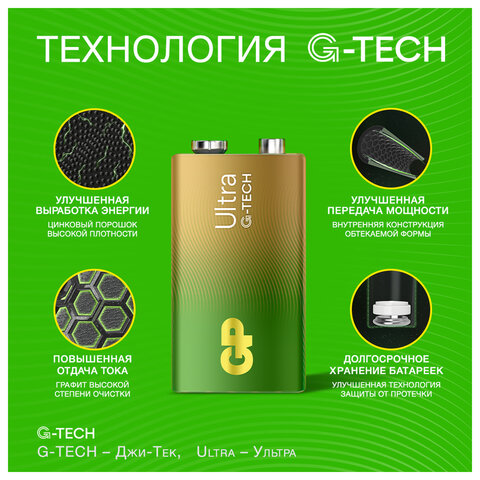 Батарейка 1 шт., GP Ultra G-Tech, Крона (6LR61, 6LF22, 1604A), алкалиновая, блистер, 1604AU-5CR1 - фото 8