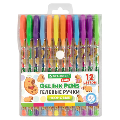 Ручки гелевые НЕОНОВЫЕ BRAUBERG KIDS "CUTE ANIMALS", НАБОР 12 ЦВЕТОВ, корпус с печатью, узел 1 мм, линия письма 0,7 мм, 144444 - фото 1